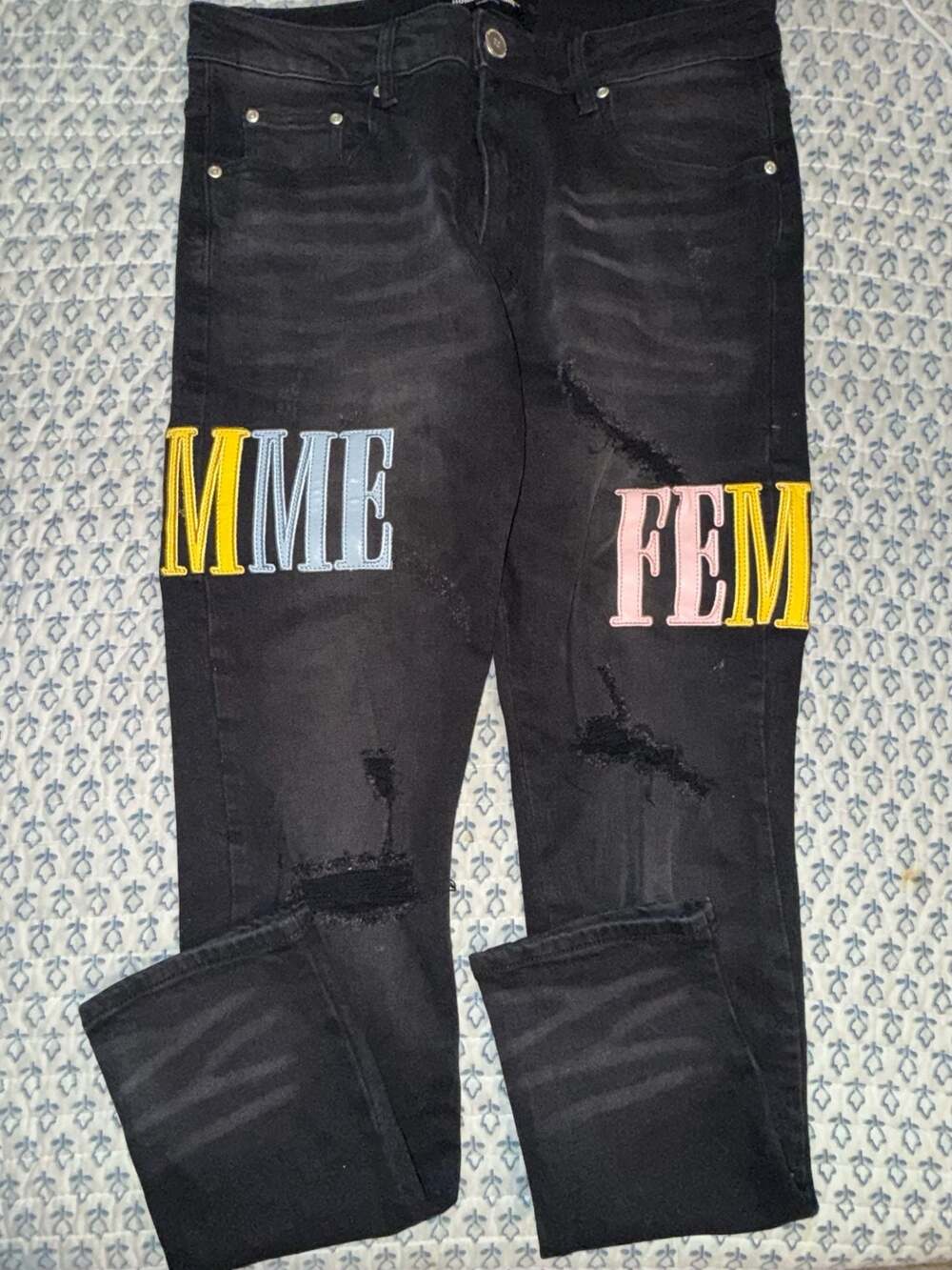 Homme + Femme Letterman Denim Black Multi-Color  Distressed Jeans Size 32